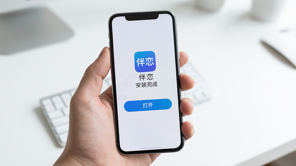 主体为一只手拿着手机,屏幕上显示“伴恋”APP的安装成功页面。布局为手部特写,手机屏幕居中。排版上背景是干净的桌面,有“安装完成”和“打开”按钮。风格为写实摄影,光线充足。细节上手机屏幕反光,画面清晰。画质高清,干净,无多余元素。