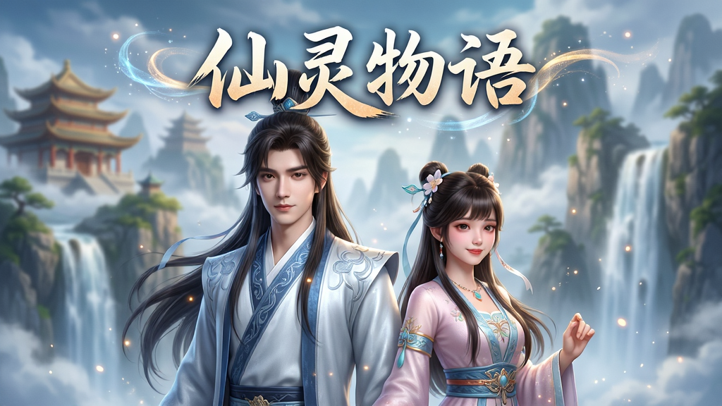 主体为《仙灵物语》游戏主视觉图,一位仙气飘飘的男主角与灵动可爱的女主角并肩而立,背景是云雾缭绕的仙山琼阁与飞流瀑布。布局采用居中对称式,人物约占画面三分之二,背景虚化延伸。排版上标题“仙灵物语”以书法字体置于画面上方,并带有流光特效。整体风格为写实唯美的国风仙侠,色彩清丽通透,光影层次丰富,细节上展现服饰纹理与光点粒子效果,追求电影级画质,画面干净无多余元素。