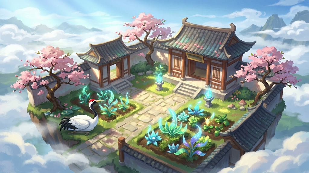 主体为《仙灵物语》仙府家园场景,一座古色古香的庭院坐落在云端之上,院内桃花盛开,灵田里种植着发光的仙草,一只仙鹤在旁休憩。布局采用全景式构图,视觉中心为庭院主体,周围环绕云海。排版上画面和谐自然,无UI干扰。风格为清新明亮的国风手绘,色彩柔和,细节上注重光影与植物动态,画质通透干净。