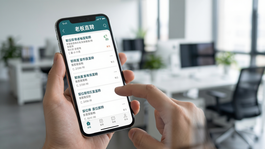 展示用户正在使用老板直聘手机应用查找工作的场景,主体为一部手机握在手中,屏幕上显示职位列表,背景为模糊的办公室环境。布局自然,风格写实,画质清晰,屏幕中有“老板直聘”字样,整体干净无多余元素。