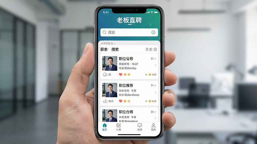 一张展示老板直聘软件主界面的高清截图,主体为手机屏幕上的应用界面,布局清晰,顶部显示“老板直聘”品牌标识,中部为职位推荐列表与搜索栏,底部为功能导航栏。风格写实,细节丰富,画质干净,无多余元素。