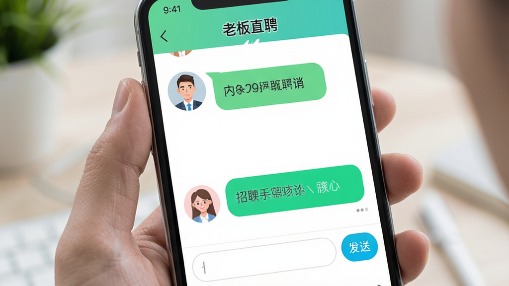 展示老板直聘应用内直聊界面的场景,主体为两位用户通过手机进行对话的界面特写,左侧为求职者头像,右侧为招聘方回复气泡,界面下方有输入框和发送按钮。布局简洁,风格清新,画质细腻,无多余元素,屏幕中清晰显示“老板直聘”字样。