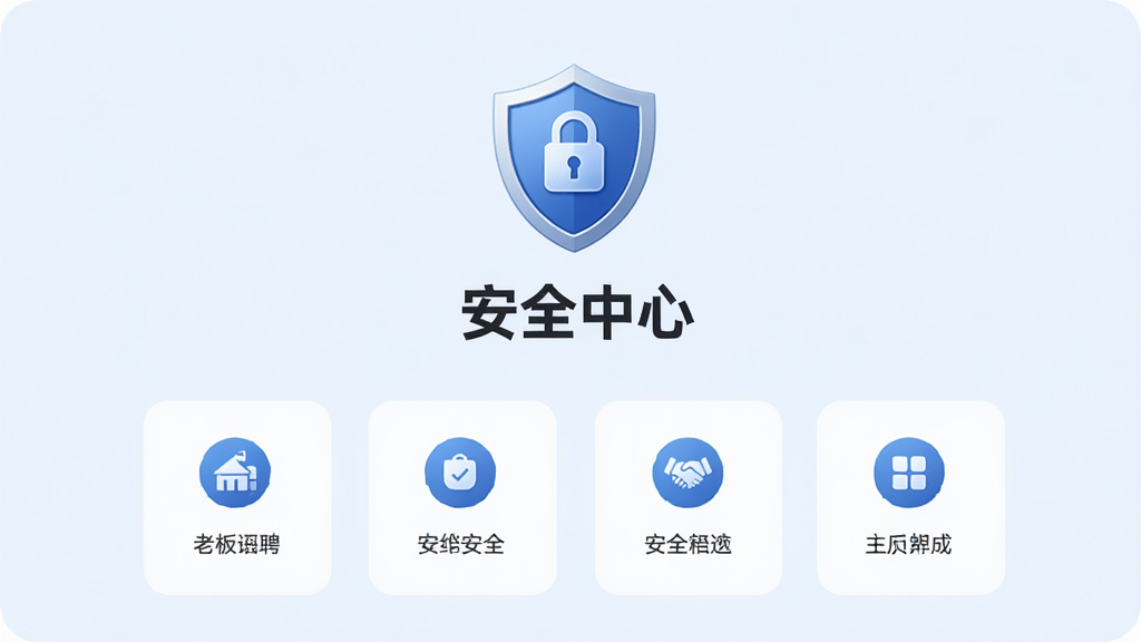 展示老板直聘安全中心页面的界面设计,主体为盾牌图标与“安全中心”字样,下方排列各项安全功能入口图标,背景为淡蓝色。布局规整,风格稳重,画质精致,整体干净无多余元素。
