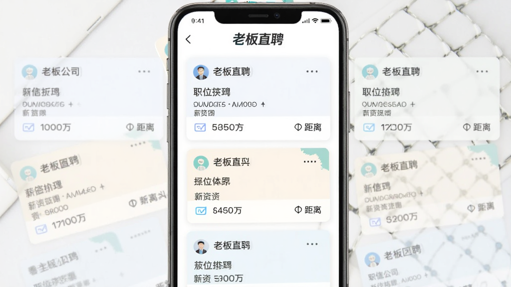 展示老板直聘职位推荐页面的手机截图,主体为列表形式展示的多个职位卡片,每张卡片包含公司名称、职位名称、薪资范围和距离信息,卡片排列整齐。风格简洁明快,色彩柔和,画质清晰,屏幕上方有“老板直聘”的标识,整体干净无多余元素。