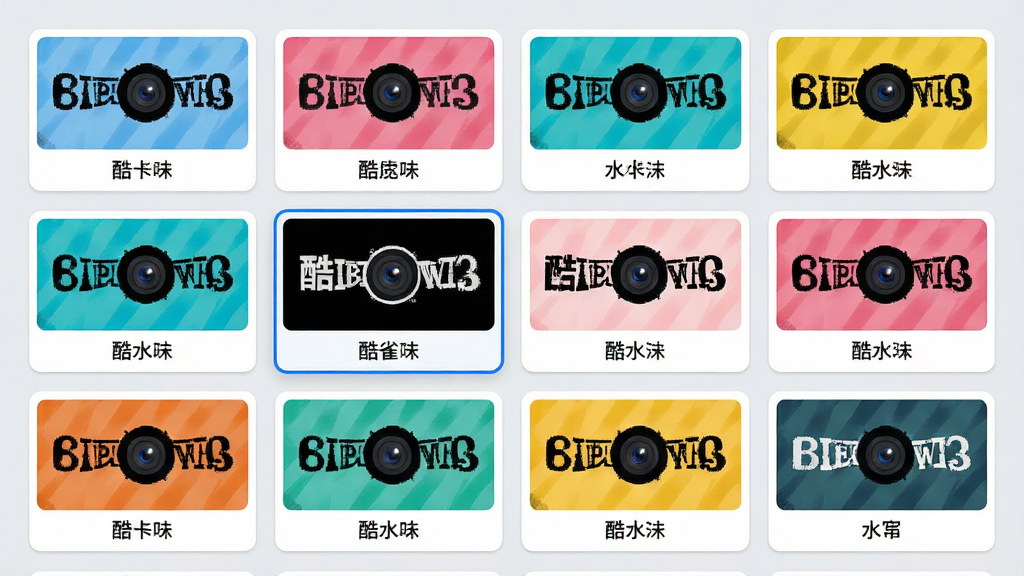 主体:酷雀水印相机水印样式选择界面,展示多种水印模板。布局:网格状排列,每个模板卡片显示水印效果预览。排版:整齐有序,模板名称标注在卡片下方。风格:扁平化UI设计,色彩明快。细节:当前选中的模板有蓝色边框高亮,背景为浅灰色。画质:高清,干净,无多余元素。