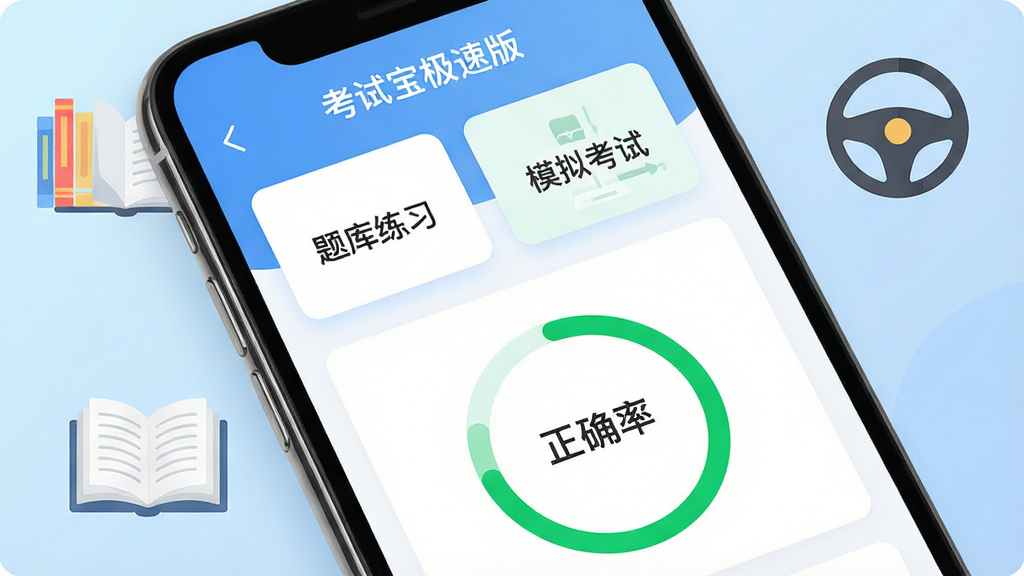 画面主体为一部智能手机屏幕特写,屏幕中显示“考试宝极速版”APP主界面,界面顶部有“题库练习”和“模拟考试”两个功能卡片,下方有绿色进度环显示正确率,整体布局简洁清晰,背景为浅蓝色渐变,配有书本和方向盘的扁平化装饰图标,画质高清,干净无多余元素