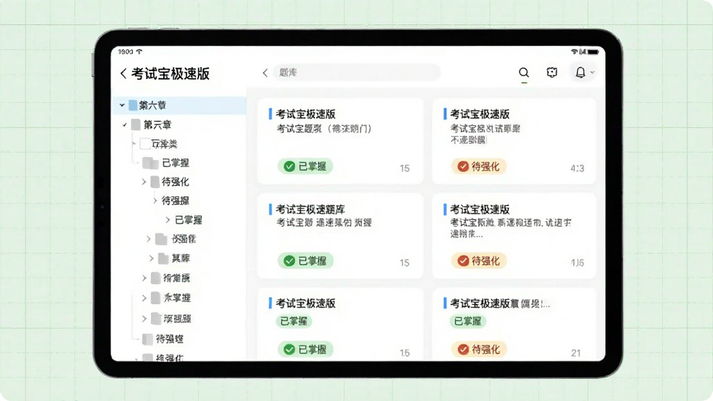 画面主体为一部平板电脑横屏展示“考试宝极速版”的题库列表,左侧为章节分类树,右侧为题目卡片,卡片上显示“已掌握”和“待强化”标签,背景为淡绿色网格,整体风格简约现代,画质清晰,干净无多余元素
