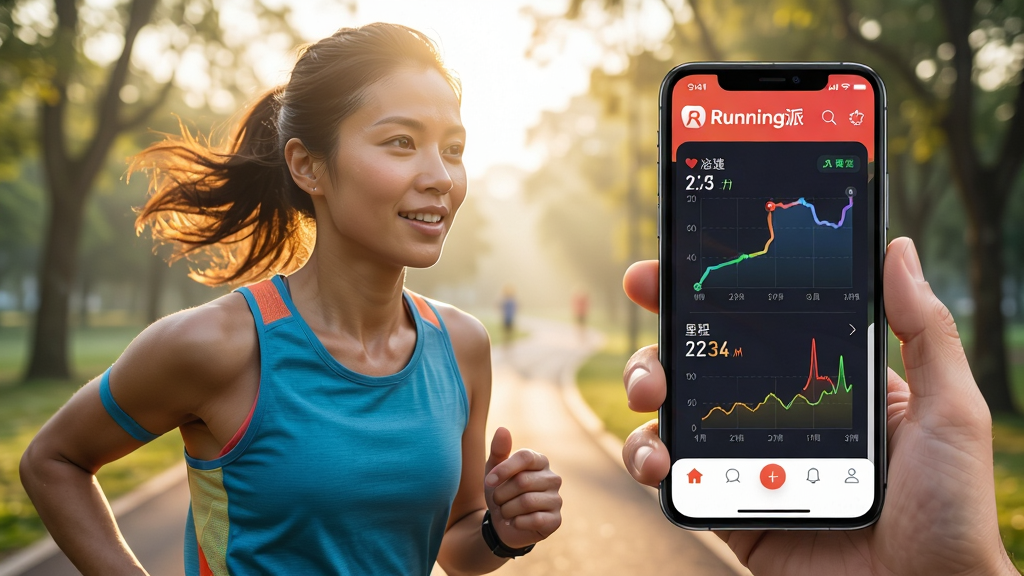 主体:一位充满活力的跑者正在使用手机上的Running派应用,手机屏幕清晰显示跑步轨迹和数据图表。布局:手机位于画面中央偏右,跑者位于左侧,背景是清晨的公园跑道,阳光透过树林洒落。排版:跑者动作自然,眼神专注,手机界面UI设计简洁现代,突出“Running派”LOGO和实时数据。风格:写实风格,色彩明亮,充满运动感。细节:手机屏幕上有“Running派”字样,界面显示心率、配速、里程等数据,画面干净无杂物。画质:高清,光线柔和,无多余元素。