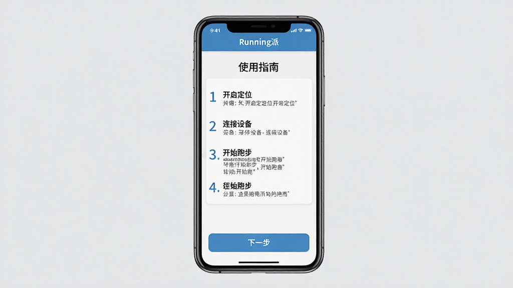 主体:手机屏幕上Running派应用显示“使用指南”页面,包含操作步骤列表。布局:手机位于画面中央,背景为纯色浅灰。排版:步骤以编号列表呈现,底部有“下一步”按钮。风格:扁平化,配色简洁,字体清晰。细节:屏幕上有“Running派”字样,步骤文字包括“开启定位”、“连接设备”、“开始跑步”等,画面干净。画质:高清,无多余元素。
