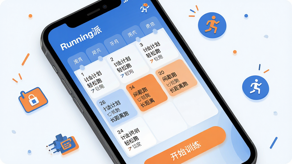 主体:手机上Running派应用显示智能训练计划的界面,包含周计划列表和进度环。布局:手机屏幕占据画面主体,周围有简洁的图标和装饰元素。排版:训练计划以日历形式展示,每日任务清晰可见,底部有“开始训练”按钮。风格:扁平化UI设计风格,配色以蓝色和橙色为主,动感十足。细节:屏幕左上角有“Running派”字样,计划中包含轻松跑、间歇跑、长距离跑等类型,画面干净。画质:高清,UI元素清晰,无多余元素。