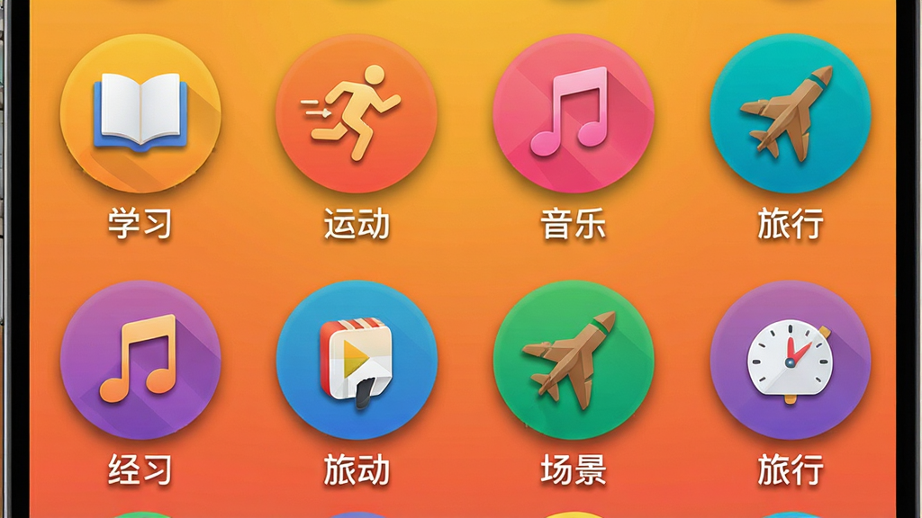 主体为Match软件场景选择界面,手机屏幕上展示多个圆形图标,分别代表“学习”、“运动”、“音乐”、“旅行”等场景,每个图标下方有文字标签。布局为网格排列,背景为暖色渐变。排版简洁,图标色彩鲜艳。风格活泼,细节有轻微的阴影效果。画质清晰,干净,无多余元素。