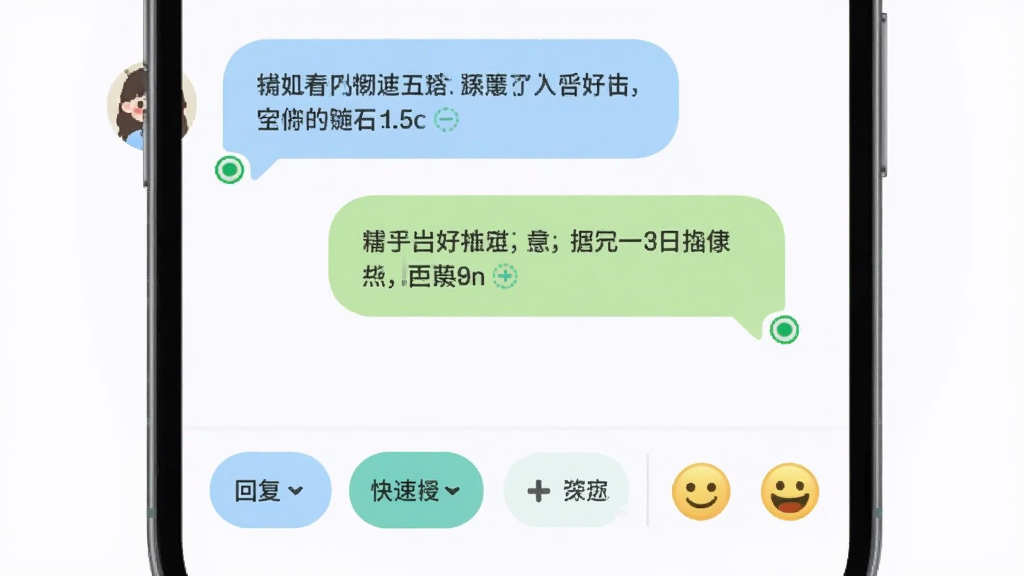 主体为Match软件聊天界面,屏幕上显示两个用户的对话气泡,下方有快捷回复按钮和表情图标。布局为手机竖屏展示,背景为淡白色。排版清晰,气泡圆润,颜色为浅蓝和浅绿。风格可爱,细节显示已读回执。画质高清,干净,无多余元素。