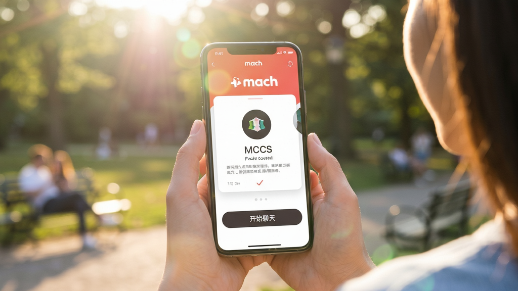 主体为Match使用场景,用户手持手机在户外使用Match,屏幕显示匹配成功界面,有“开始聊天”按钮。布局为人物在画面右侧,手机屏幕特写居中。排版自然,背景为公园模糊。风格生活化,细节有阳光光晕。画质高清,干净,无多余元素。