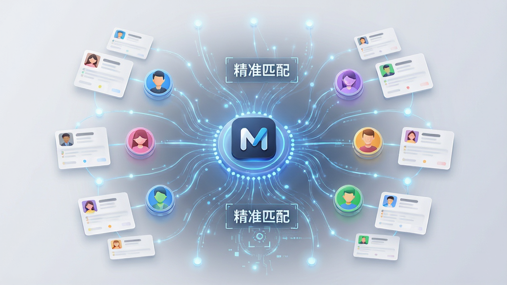 主体为Match软件智能匹配功能示意图,画面中央是一个放射状网络图,中心是Match图标,四周连接着不同颜色的人物头像和内容卡片,代表不同的匹配对象。布局采用中心对称,背景为淡灰色。排版线条流畅,节点有发光效果。风格科技感,细节标注“精准匹配”字样。画质高清,干净,无多余元素。