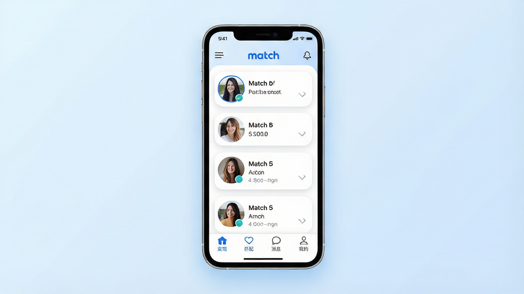 主体为Match应用界面展示,中央是一个放大的手机屏幕,屏幕上显示Match主界面,包含“发现”、“匹配”、“消息”、“我的”四个底部标签栏,界面风格简约清新。布局为手机屏幕居中,周围有柔和的浅蓝色渐变背景。排版清晰,功能图标线性风格,颜色以蓝白为主。风格现代简约,细节包括圆角卡片设计的匹配列表。画质高清,干净,无多余元素。