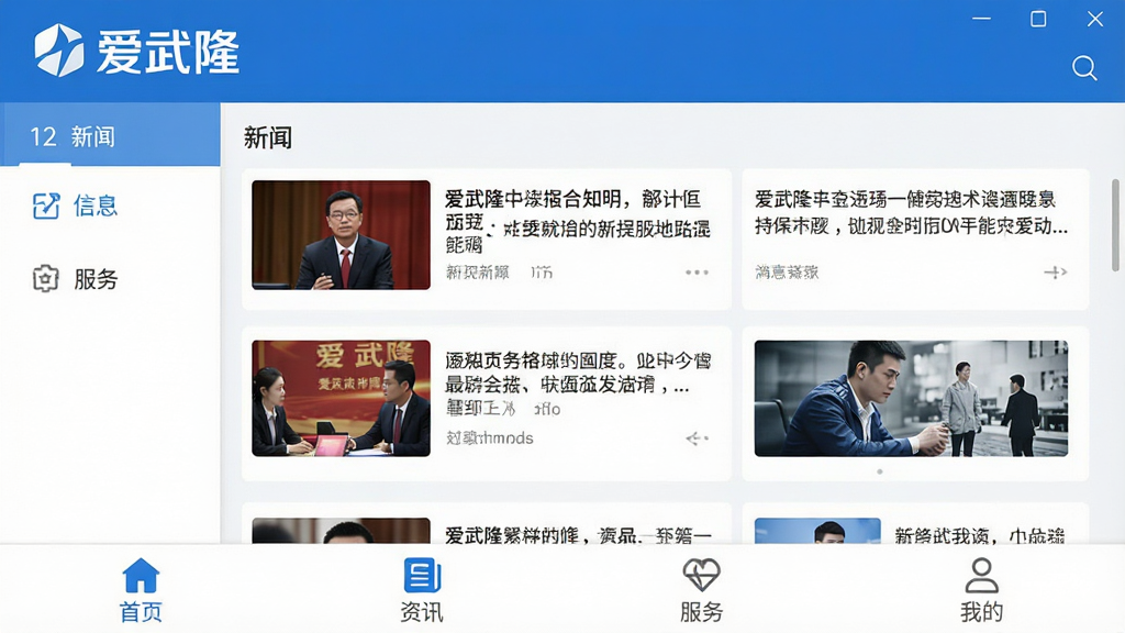一幅展示爱武隆客户端主界面的高清截图,界面以蓝色和白色为主色调,顶部显示“爱武隆”品牌标识,中部为新闻资讯信息流,包含图文卡片,底部是功能导航栏,分别有首页、资讯、服务、我的四个按钮,整体布局简洁现代,UI设计精致,画质清晰,干净无多余元素