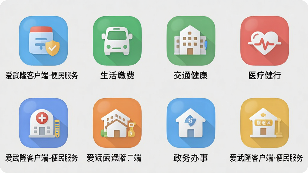 一组图标排列展示爱武隆客户端的便民服务功能,包括生活缴费、交通出行、医疗健康、政务办事等分类,图标风格统一,采用扁平化设计,圆润简洁,背景为浅灰色,每个图标下方配有中文名称文字“爱武隆客户端-便民服务”,整体布局整齐清晰,画质干净,无多余元素