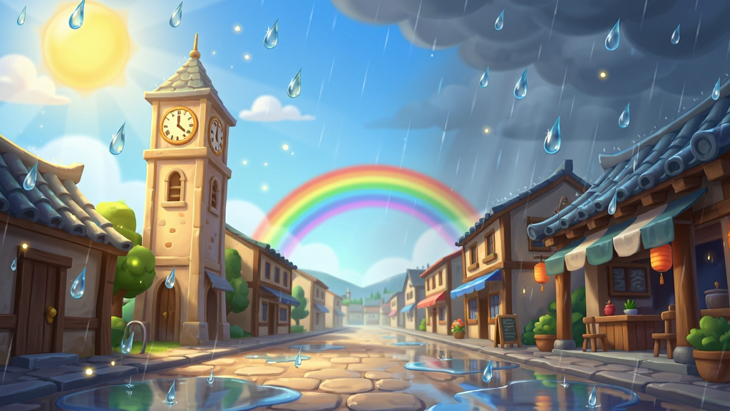 主体:一个古色古香的小镇街道,天空同时出现晴天和雨天的双重天气效果,一半阳光一半细雨。布局:街道从近到远延伸,左侧是阳光下的钟楼,右侧是雨中的茶馆。排版:地平线位于画面上方三分之一处,视觉焦点集中在中央的彩虹。风格:半写实卡通风格,色彩明快。细节:地面有积水反射,雨滴和阳光粒子清晰可见。画质:高清,干净,无多余元素。