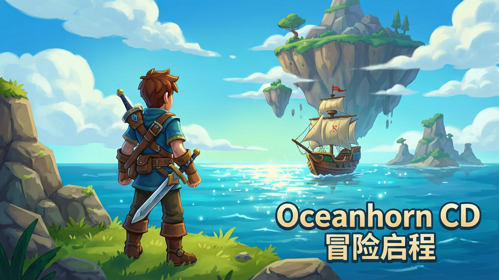 һ�ų���������ð�շ�Χ����Ϸ����ͼ������������վ�ں�������Զ���ķ����뵺�죬��������ֻ濨ͨ��Ⱦ���ɫ�����������в�Σ������Իƽ�ָͼ��ǰ��Ϊ��ʯ��ݵأ��о�Ϊ�������Եĺ����뷫����Զ��Ϊ��������еľ޴������Ʋ㣬ϸ�ڰ�����ɫ���ϵ�װ��������Ľ������廭��ϸ��ɾ����޶���Ԫ�أ��ɴ������֡�Oceanhorn CD ð�����̡���