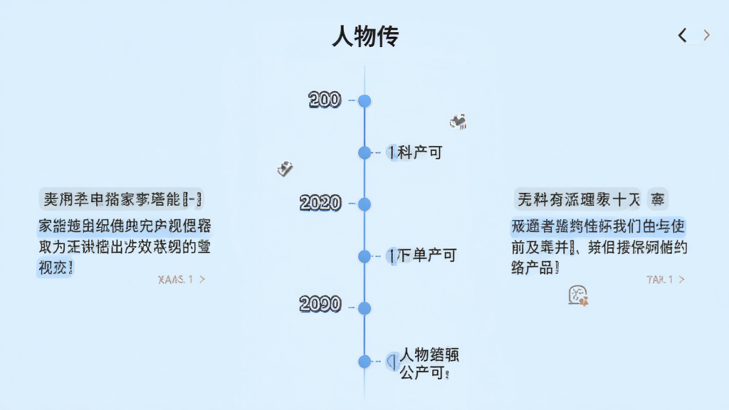 人物传APP时间轴界面,屏幕中央有一条竖向时间线,标有年份和事件节点,左右两侧有简要文字说明,背景为淡蓝色,风格简洁清晰,顶部有“人物传”标题,高清画质,内容有序