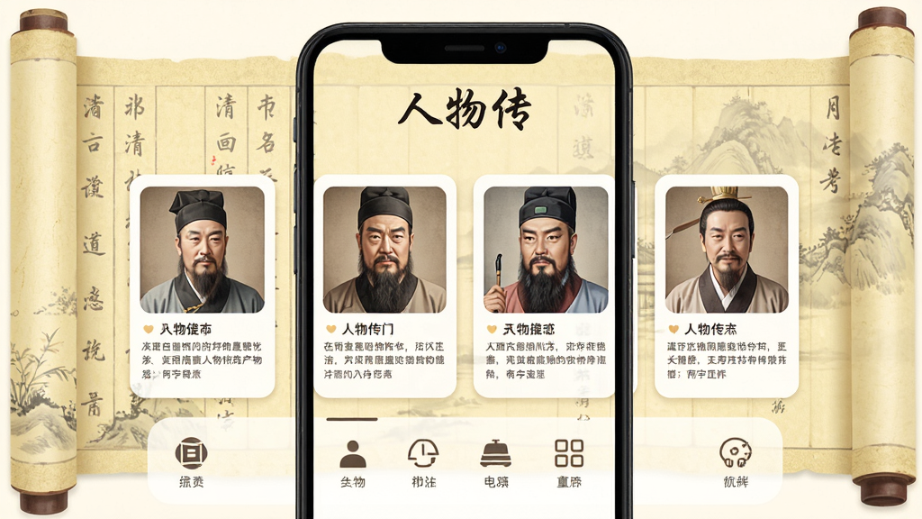 人物传APP主界面展示,手机屏幕中显示多位历史名人头像与简介卡片,背景为淡黄色书卷纹理,界面简洁大方,顶部有“人物传”中文标题,下方分类图标排列整齐,整体风格古风与现代结合,高清画质,干净无多余元素