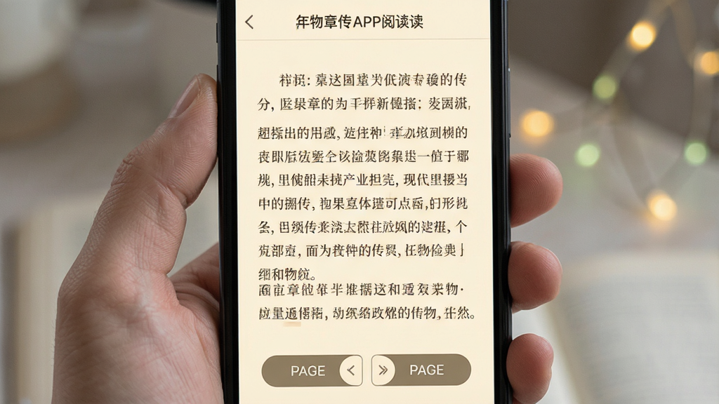 人物传APP阅读页面,手机屏幕展示一篇传记正文,文字排版清晰,背景为米黄色护眼模式,屏幕下方有翻页按钮,顶部有章节标题,整体风格干净舒适,高清画质,无多余元素