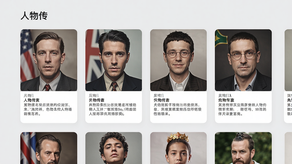 人物传APP人物列表页,屏幕中展示不同国籍、不同时代的名人画像卡片,每张卡片下方有简短生平介绍,背景为浅灰色,排版整齐,风格简约现代,带有“人物传”字样,高清画质,细节丰富