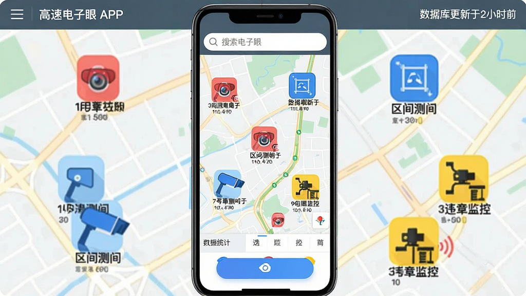 主体:“高速电子眼”APP的电子眼数据库界面,展示地图上的各类测速点图标。布局:手机屏幕中心为地图,周围分布红色测速相机、蓝色区间测速、黄色违章监控等彩色图标,底部有数据统计栏。排版:地图占屏幕70%,顶部搜索框,底部悬浮按钮。风格:扁平化UI设计,色彩鲜明,图标清晰。细节:每个图标旁有距离数字,右上角显示“数据库更新于2小时前”。画质:高清,干净,无多余元素。