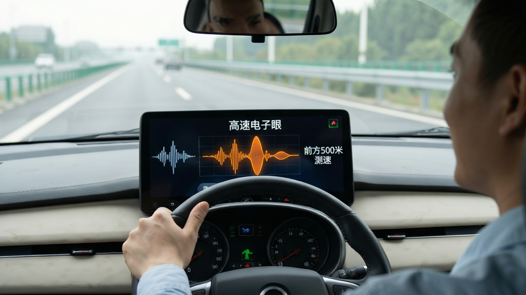 主体:驾驶员手握方向盘,车内音响播放语音预警,中控屏显示“高速电子眼”语音播报界面。布局:驾驶室视角,方向盘在画面下方,中控屏位于中央,前方挡风玻璃外是高速公路。排版:中控屏占据视觉中心,左侧有语音波形动画,右侧有“前方500米测速”文字。风格:真实场景摄影,光线柔和。细节:语音波形图有橙色高亮,文字清晰,驾驶员表情轻松。画质:高清,干净,无多余元素。