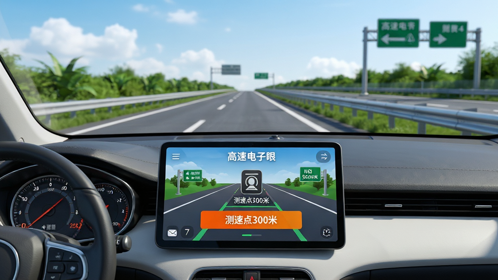 主体:一辆现代轿车在高速公路上行驶,中控屏幕清晰显示“高速电子眼”APP界面,界面展示前方测速摄像头图标和预警提示。布局:车头前方视角,路面延伸至远方,两侧有绿色植被和交通指示牌,APP界面位于画面中央偏下。排版:画面左侧留有天空和云朵,右侧为路肩护栏,整体平衡。风格:写实3D渲染,光影自然,色彩明亮通透。细节:仪表盘有速度显示,APP界面有“测速点300米”字样,预警颜色为醒目橙色。画质:8K超清,干净,无多余元素。