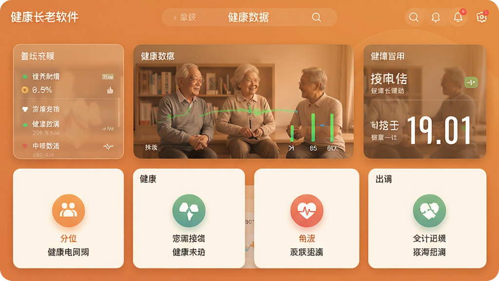健康长老软件主界面预览图,展示健康数据看板与功能图标,布局简洁,风格温馨,界面文字清晰,画质干净,无多余元素