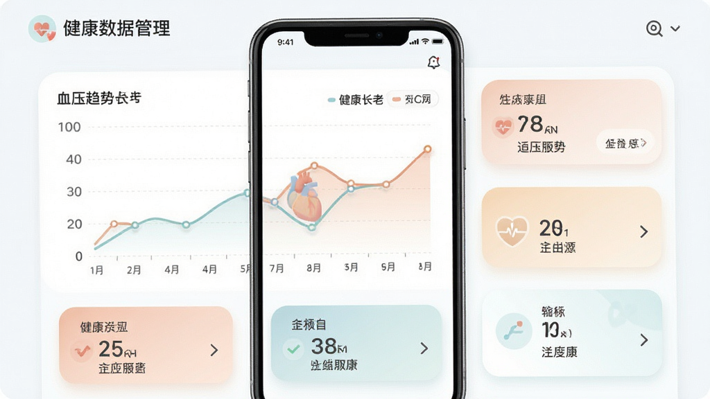 健康长老健康数据管理界面,展示血压趋势折线图与指标卡片,色彩柔和,图表清晰,手机界面风格,画质干净,无多余元素