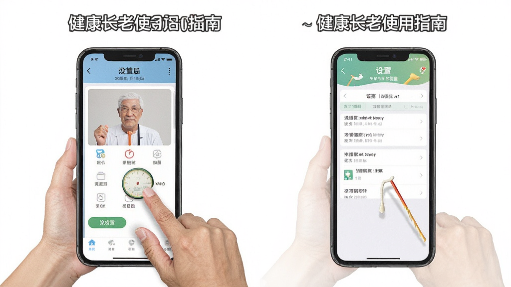 健康长老使用指南插图,展示手机操作步骤与设置界面,图解清晰,风格写实,画质干净,无多余元素
