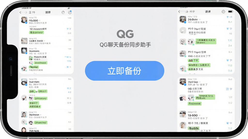 手机屏幕显示QG聊天备份同步助手主界面,中央有一个醒目的“立即备份”按钮,背景为浅灰色,周围有聊天记录列表缩略图,界面干净整洁,风格扁平化,细节丰富,画质清晰,无多余元素。