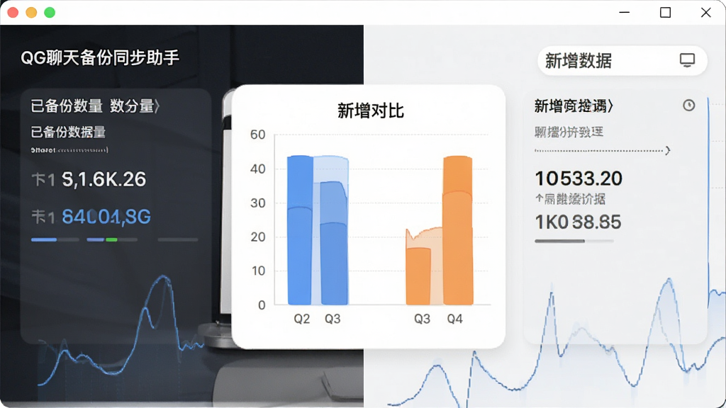 QG聊天备份同步助手界面展示增量备份功能,屏幕左侧显示已备份数据量,右侧显示新增数据,中间有对比图表,背景为白色,风格简洁,图表清晰,画质高清,无多余元素。