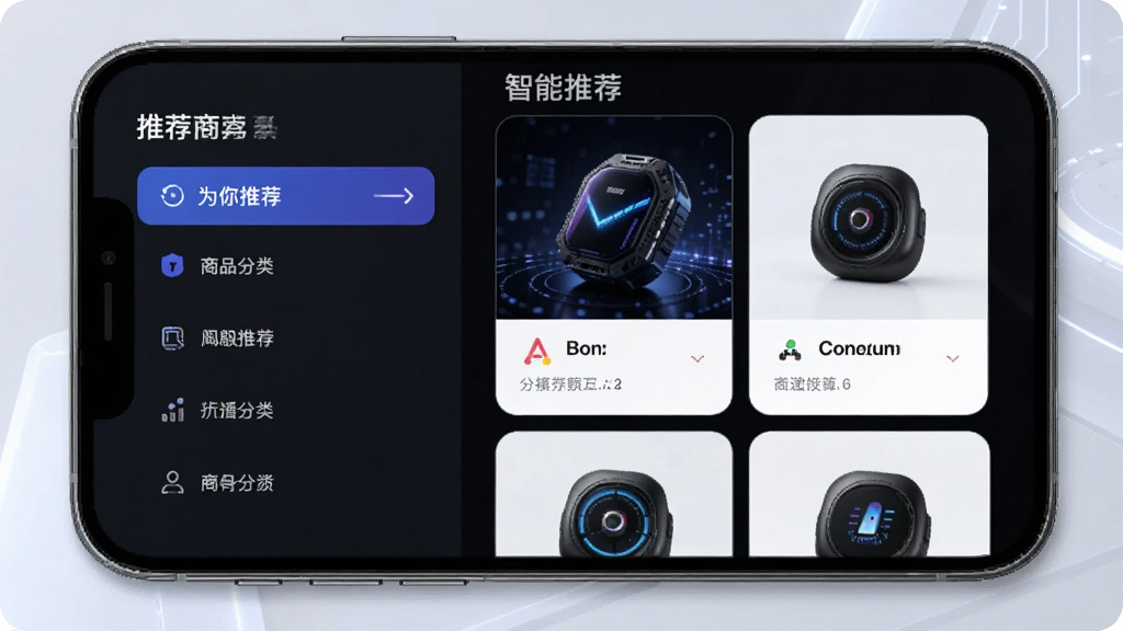 主体是一个充满科技感的推荐界面展示,布局为手机APP截图样式,排版上左侧是商品分类列表,右侧是智能推荐的商品卡片瀑布流,风格现代简约,细节上突出算法标签如