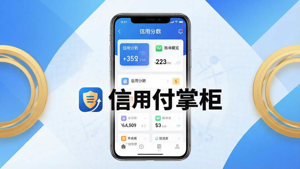 主体:信用付掌柜APP的官方宣传主视觉图,展示智能手机屏幕上的应用界面,屏幕中央有“信用付掌柜”字样和品牌LOGO;布局:手机居中放置,背景为渐变的蓝色与白色几何图形,左右两侧点缀金色圆形装饰;排版:手机屏幕内显示简洁的仪表盘界面,包含信用分数、账单概览等模块图标;风格:现代商务风,色彩明亮,科技感强;细节:界面图标清晰,文字“信用付掌柜”采用黑体加粗,背景有细腻的网格纹理;画质:高清渲染,干净,无多余元素