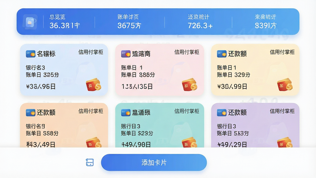 主体:信用付掌柜APP账单聚合页面,展示多张信用卡的账单卡片;布局:卡片式排列,每张卡片显示银行名称、账单日与还款额,顶部有总览统计条;排版:卡片圆角设计,颜色柔和,总览条为蓝色渐变;风格:清爽整洁,信息层次分明;细节:卡片右上角有“信用付掌柜”水印,底部有“添加卡片”按钮;画质:高清,干净,无多余元素