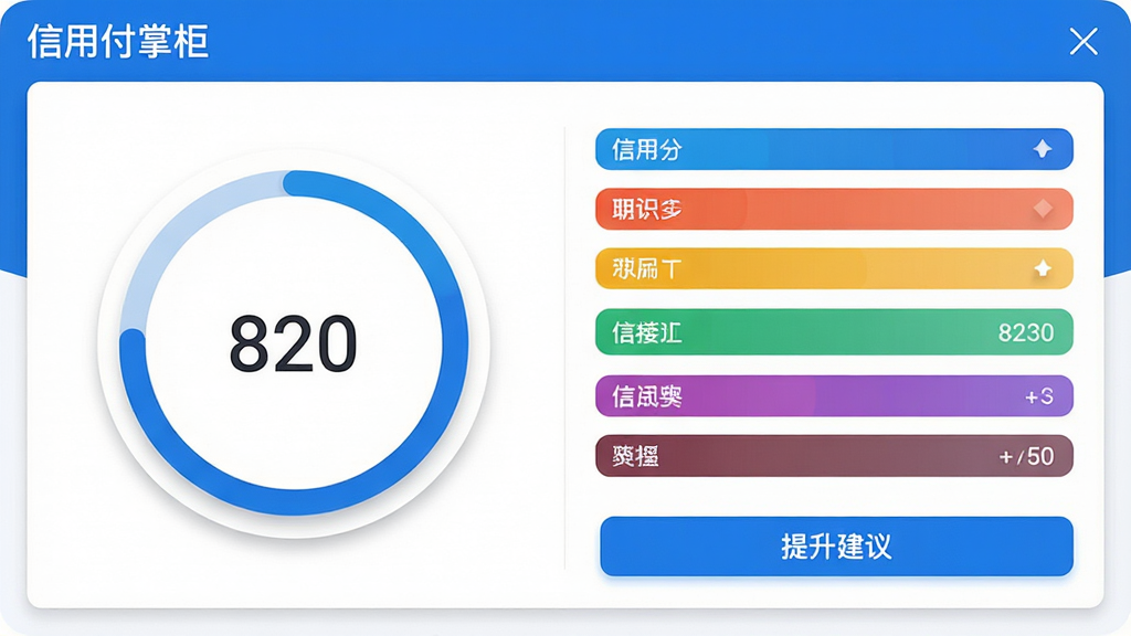 主体:信用付掌柜APP信用评估功能界面截图,显示信用分数环形图与评分维度列表;布局:左侧为分数环,右侧为维度条,底部有“提升建议”按钮;排版:分数环中央有数字“820”,维度条以不同颜色区分;风格:数据可视化风格,蓝白主色调,简洁清晰;细节:界面标注“信用付掌柜”字样,图表边缘有阴影效果;画质:高清,干净,无多余元素