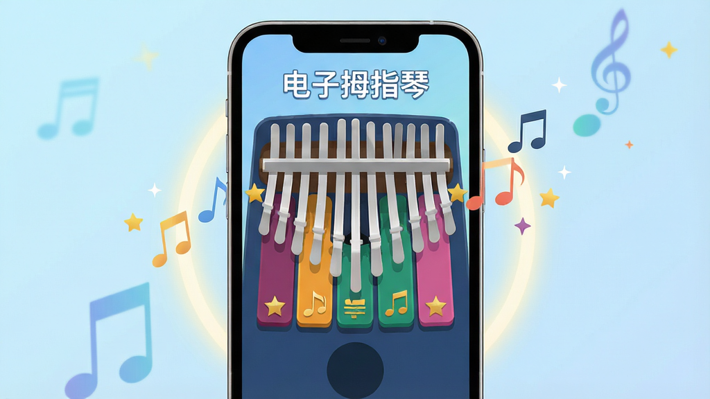 主体:电子拇指琴应用界面,一部手机屏幕上显示卡林巴琴键,旁边有音符飘动;布局:手机居中,琴键特写,四周有柔和光晕;排版:简洁清晰,突出琴键和“电子拇指琴”字样;风格:扁平化插画风格,色彩明快,背景淡蓝渐变;细节:琴键上有金色标记,音符和星星装饰;画质:高清,干净,无多余元素