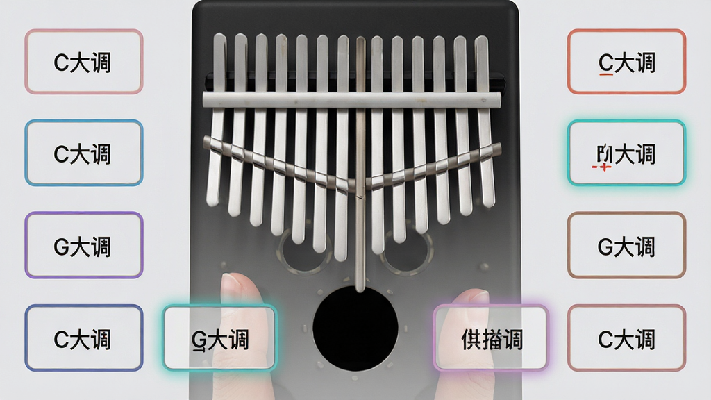 主体:电子拇指琴应用调式选择界面,显示多个调式按钮;布局:界面居中,按钮排列整齐,当前调式高亮;排版:简洁明了,背景为浅灰色,按钮有彩色边框;风格:清新简约,色彩淡雅;细节:按钮上有“C大调”“G大调”等字样,高亮按钮有发光效果;画质:高清,干净,无多余元素