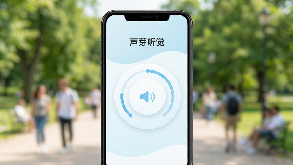 一张智能手机屏幕特写,手机屏幕显示名为“声芽听觉”的应用主界面,界面以淡蓝色和白色为主调,中央有一个音量调节圆环,背景是虚化的公园环境,有模糊的人影和绿树,整体风格明亮、干净、专业,构图居中,画质高清,细节丰富,无多余元素