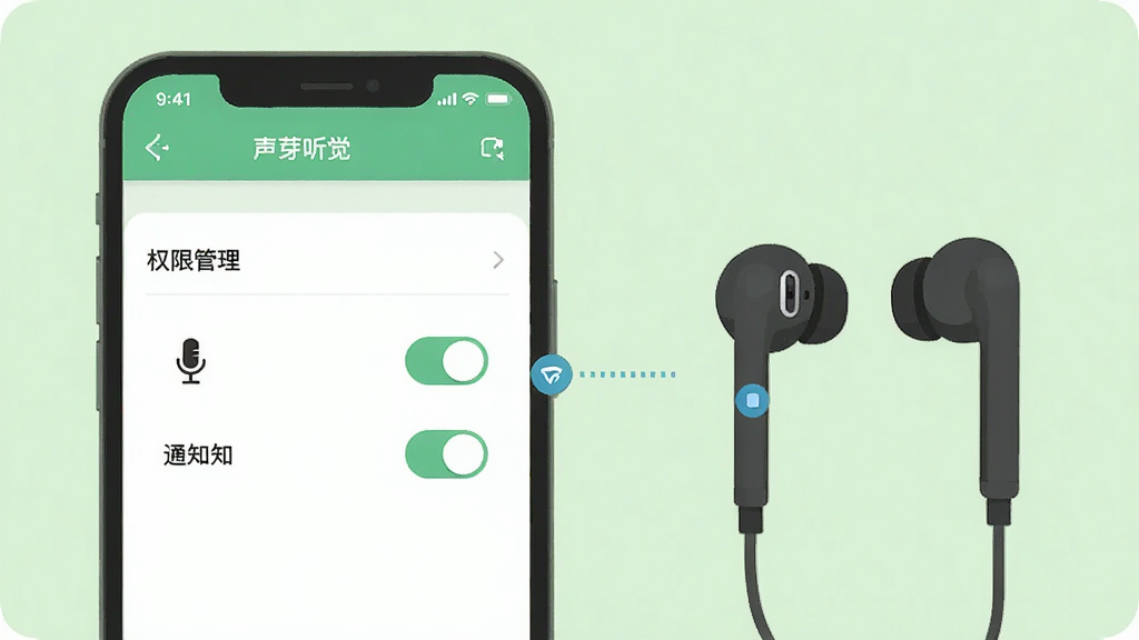 一张智能手机与蓝牙耳机的连接示意图,屏幕显示“声芽听觉”设置页面的“权限管理”界面,有麦克风和通知两个开关,背景为简洁的浅绿色,扁平化插画风格,构图清晰,画质干净,无多余元素