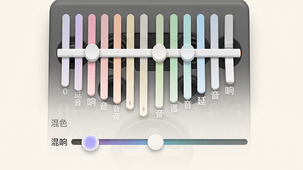 主体:电子拇指琴应用设置界面,显示音色和混响调节滑块;布局:界面居中,滑块排列整齐,背景为浅色;排版:清晰有条理,滑块有彩色渐变;风格:简约现代,色彩柔和;细节:滑块上有“混响”“延音”标签,数值显示;画质:高清,干净,无多余元素