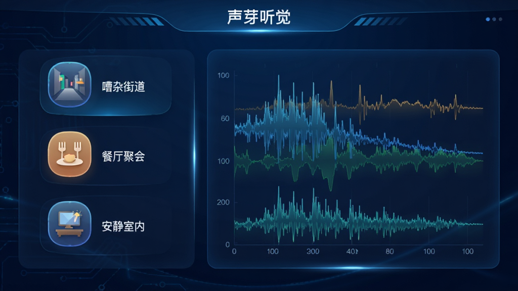 展示“声芽听觉”智能场景识别功能的界面截图,左侧是“嘈杂街道”、“餐厅聚会”、“安静室内”三个图标,右侧是实时波形图,显示不同频段的增益情况,背景为深蓝色科技感渐变,界面线条流畅,光影效果突出,画质干净,无多余元素