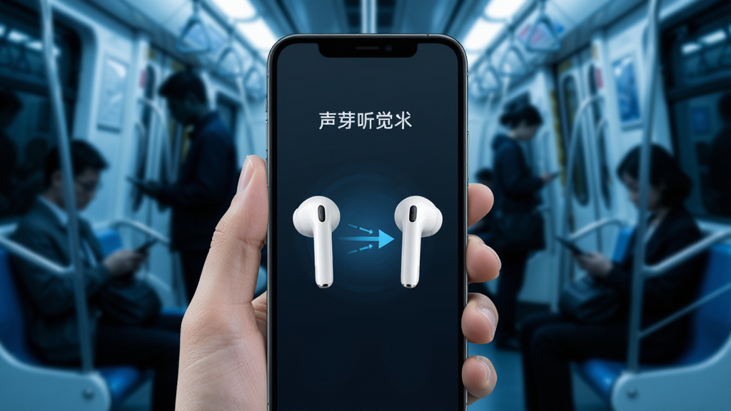 展示“声芽听觉”连接蓝牙耳机的使用场景,画面中央是手机与一款白色无线蓝牙耳机的连接动画,背景虚化为地铁车厢内部,周围有模糊的乘客剪影,整体色调偏冷,科技感强,构图干净,画质清晰,无多余元素