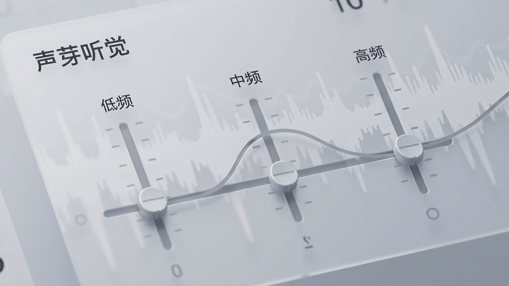 一张“声芽听觉”的音频调节面板特写,面板上有多个频率滑块,分别标注“低频”、“中频”、“高频”,滑块位置呈现个性化曲线,背景是浅灰色的波形图,整体界面采用毛玻璃质感,简约现代,色调柔和,画质细腻,无多余元素