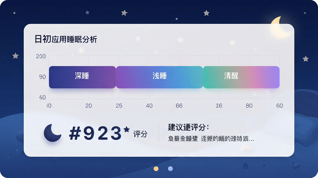 主体:日初应用的睡眠分析界面,展示睡眠分期图与质量评分;布局:中央为睡眠条形图,分段显示深睡、浅睡、清醒,下方为评分与建议文字;排版:条形图横向分布,颜色渐变,评分数字突出;风格:柔和温馨,背景为深蓝色模拟夜晚,卡片为半透明白色;细节:睡眠阶段用不同颜色区分,评分旁有月亮图标,建议文字简洁;画质:高清,干净,无多余元素,无文字水印