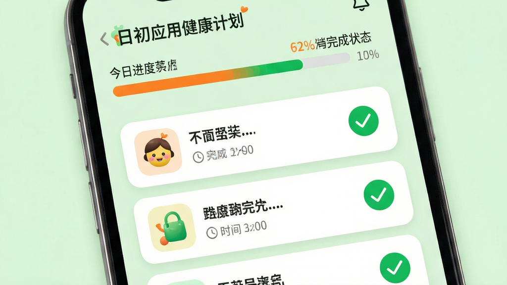 主体:日初应用的健康计划页面,展示今日任务列表与完成状态;布局:顶部为计划进度条,中部为任务卡片,每项任务带有完成勾选;排版:任务卡片圆角设计,左侧为图标,右侧为任务名称与时间;风格:清新活力,背景为淡绿色,卡片为白色,主色调为橙色与绿色;细节:进度条有百分比数字,任务图标形象,已完成任务有绿色对勾;画质:高清,干净,无多余元素,无文字水印