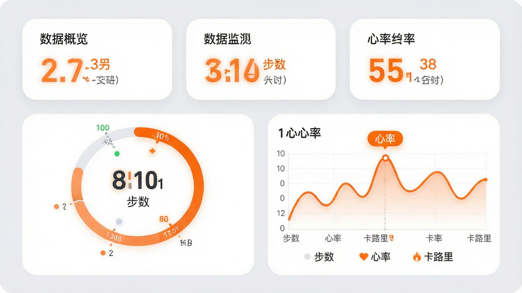 主体:日初应用的健康监测界面,左侧为步数环形图,右侧为心率曲线图;布局:上下结构,上部分为数据概览卡片,下部分为详细图表区域;排版:图表采用圆角折线图与环形进度条,数据标签清晰;风格:现代简约,背景为浅灰色,卡片为白色,橙色高亮关键数据;细节:心率曲线平滑,步数数字大而清晰,底部标注“步数”“心率”“卡路里”三个图例;画质:高清,干净,无多余元素,无文字水印